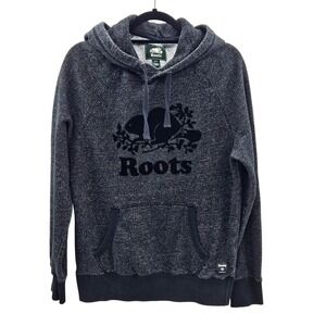 Roots Hoodie Pullover Beaver Logo Black Pepper Heathered Size S/P‎ Cotton Blend
